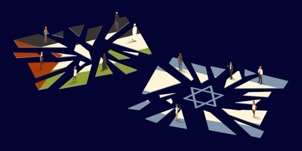 Shattered Palestine and Israel flags illustration
