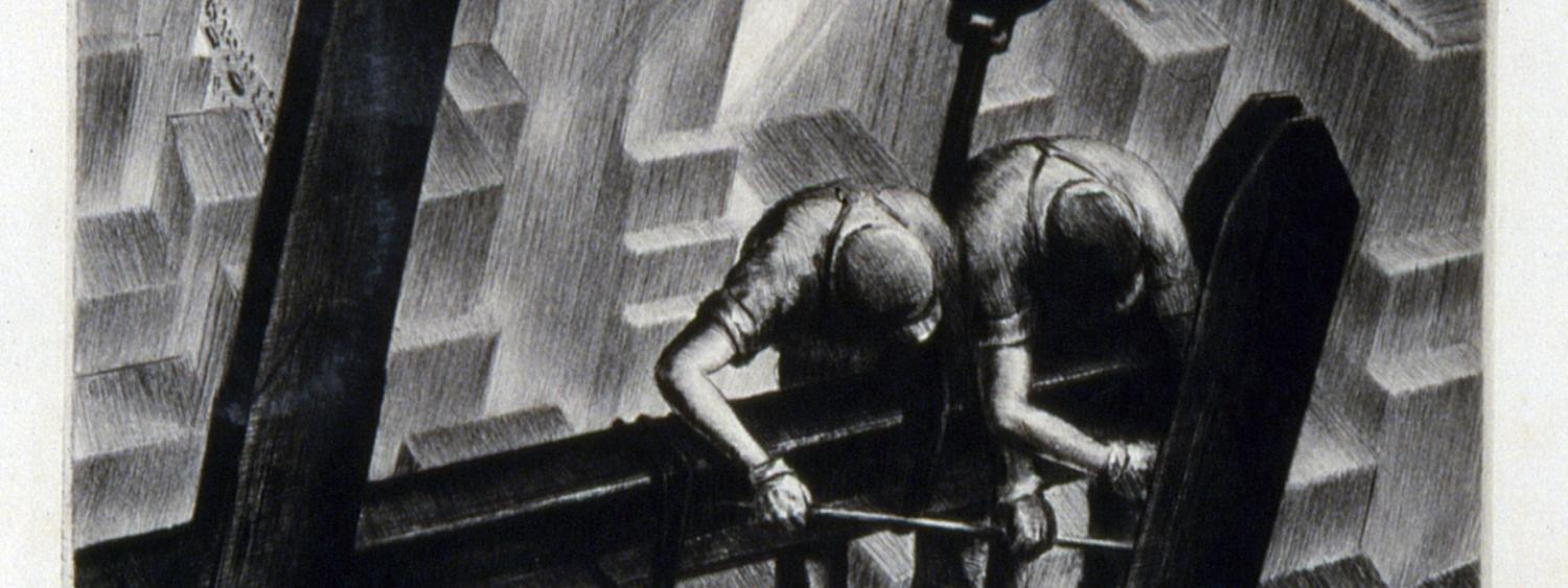 A black and white print depicting two construction workers working on steal beams high above a city.