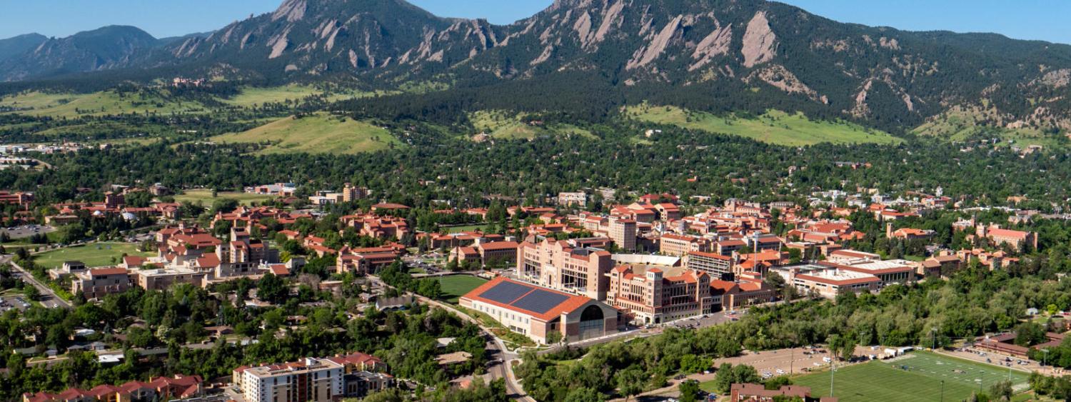 Aerial view of flatirons and CU campus