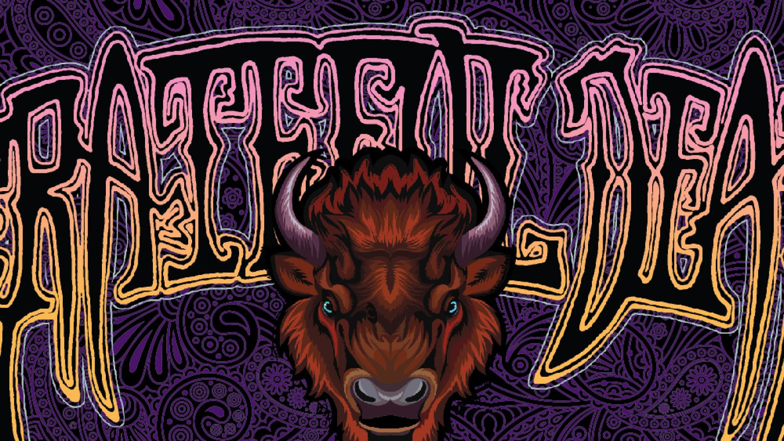 Grateful Dead text in artistic font with illustration of a buffalo head in front of a purple and black paisley background