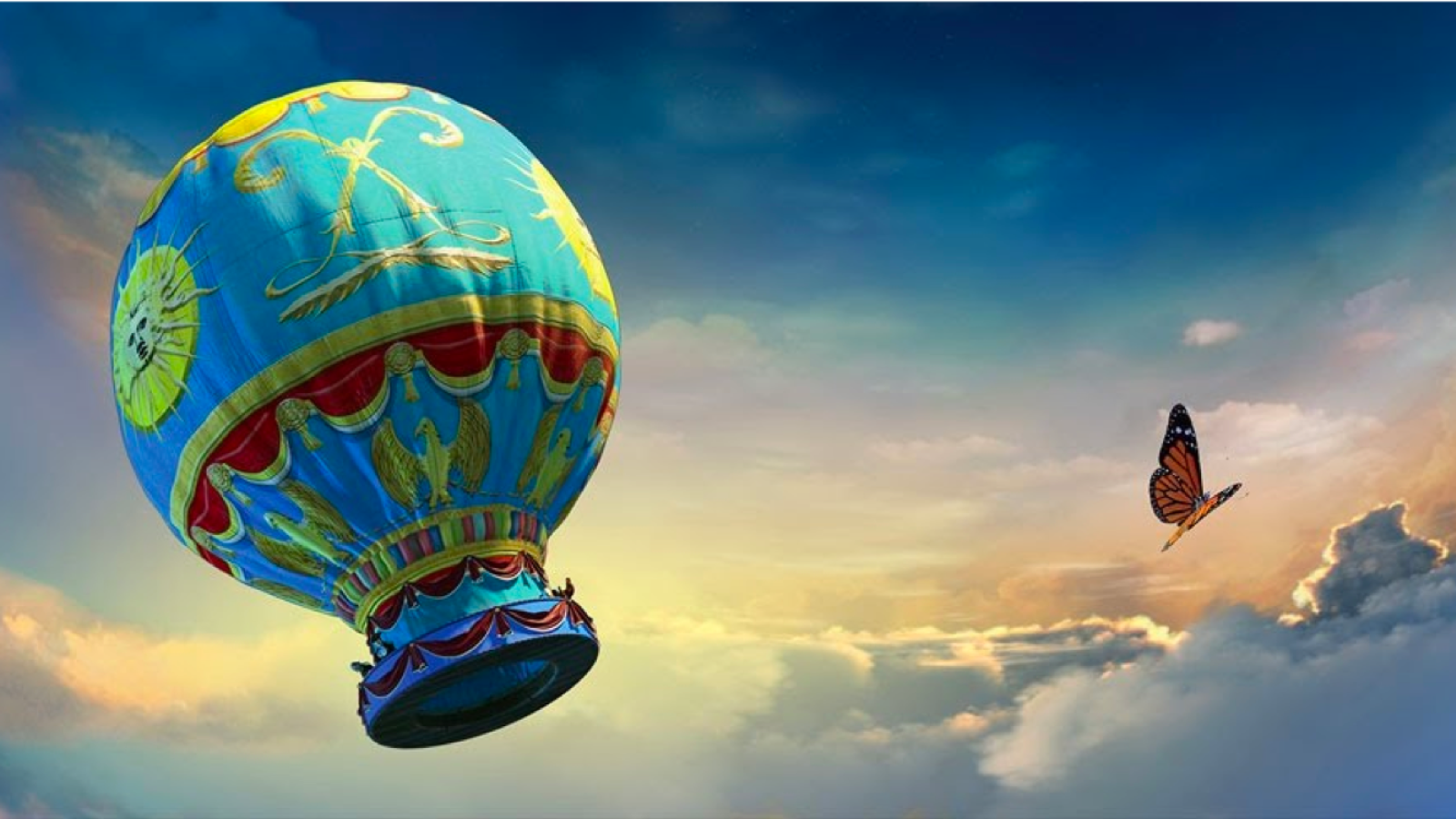Still images of the film with hot air balloon, butterfly and dragon fly