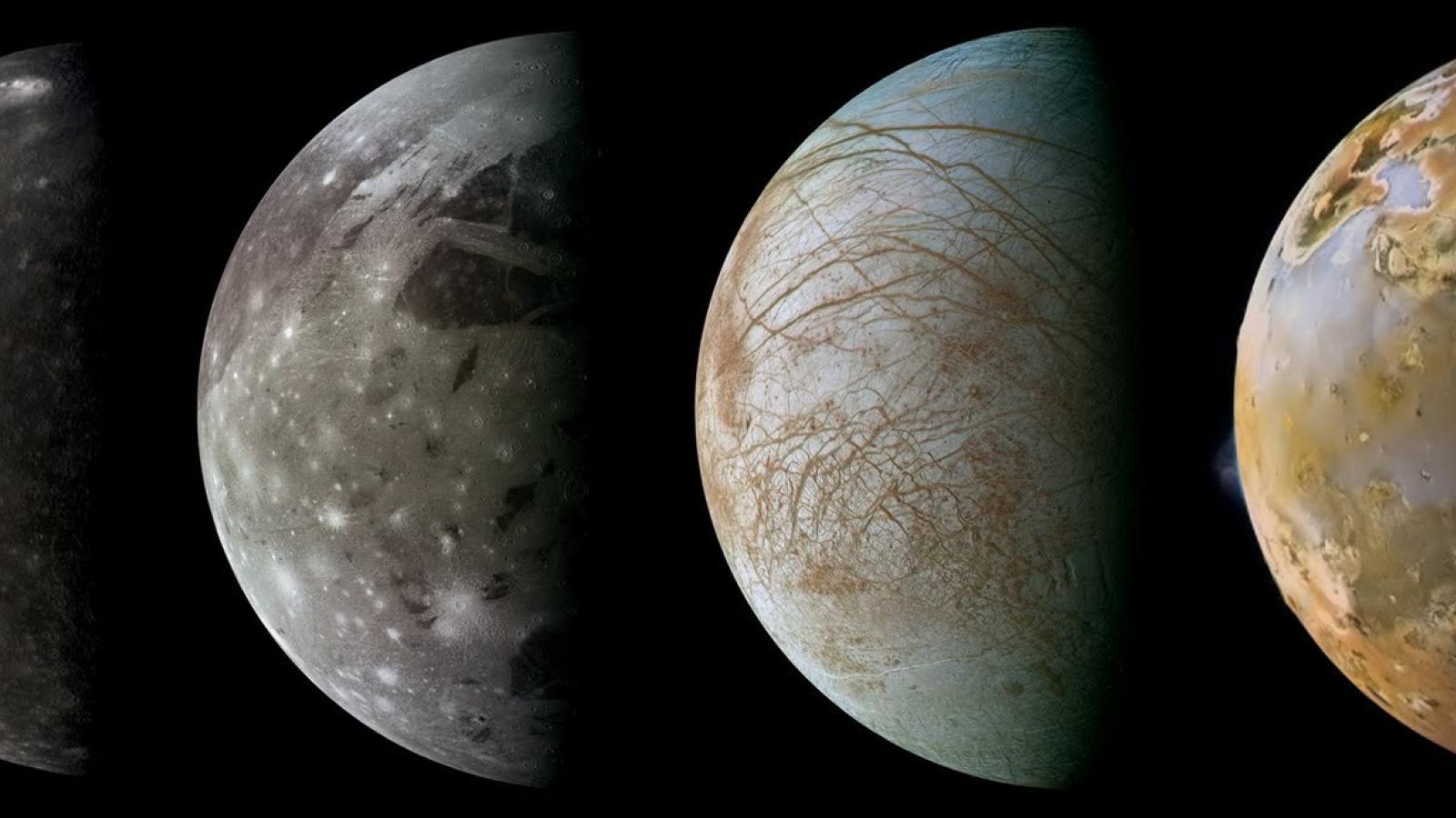 NASA photo of 4 of Jupiters largest moons at 1st quarter phase, left to right Callisto, Ganymede, Europa and Io