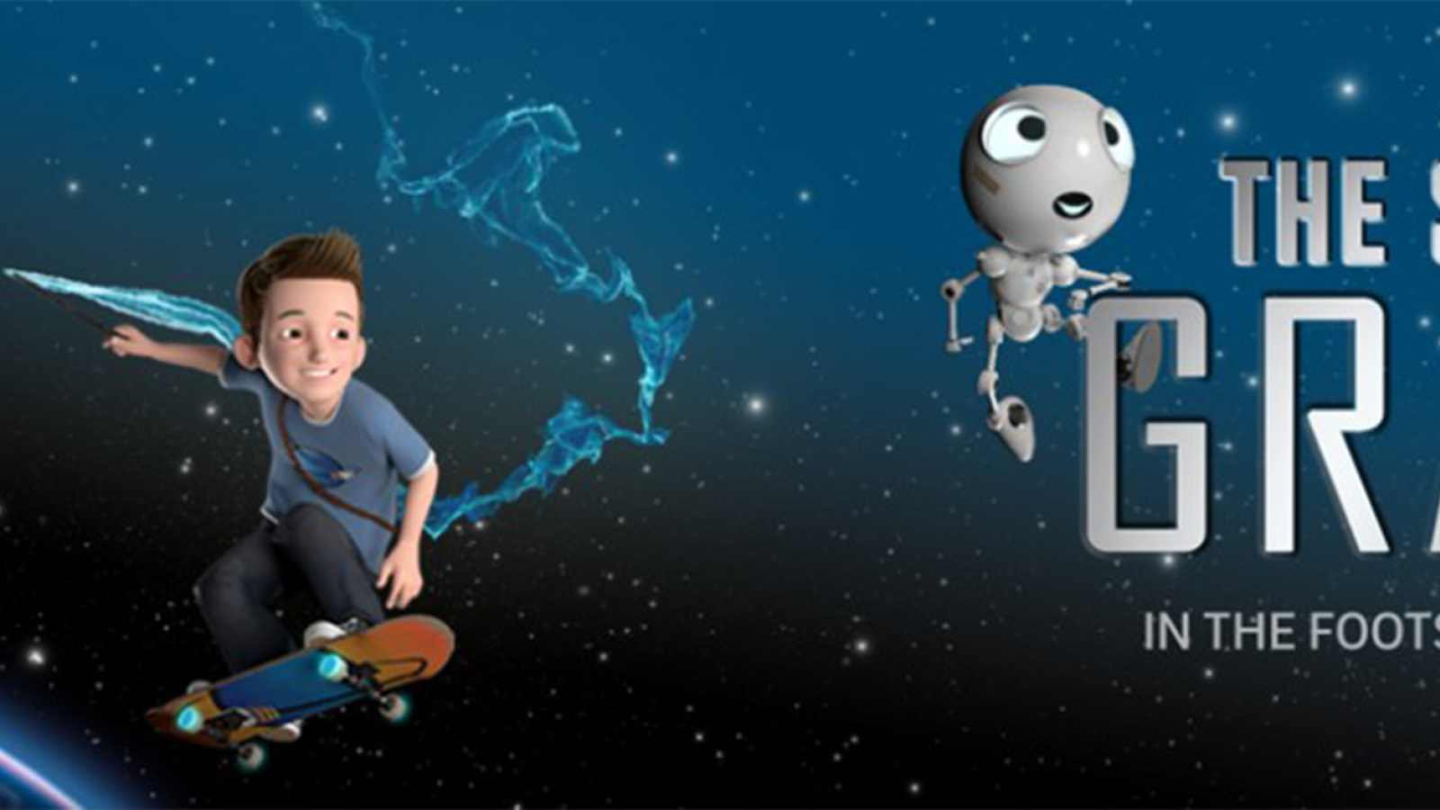 Still image from film with boy on a skateboard and magic wand and robot with the title The Secrets of Gravity