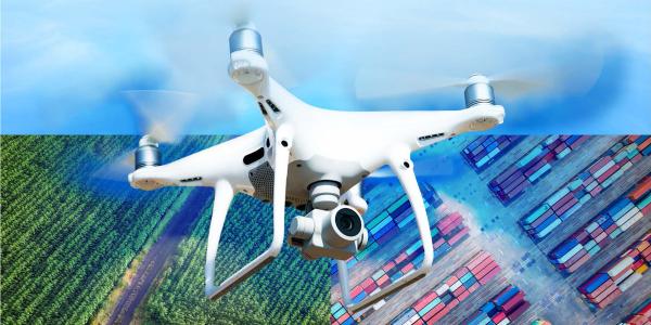 Drone above fields, buildings