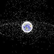 A computer-generated image representing space debris as could be seen from high Earth orbit. (Image provided by NASA)