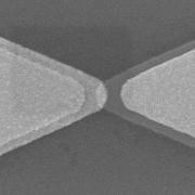 This scanning electron microscope image shows the distinct bow tie shape of an optical rectenna.