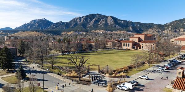 Drone photo of Ferrand Field with the Flatirons in the background