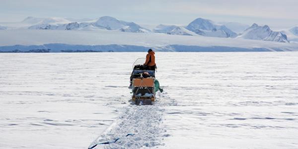 Researcher on a small boat driving toward an ice shelf in Antarctica
