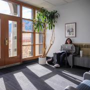 Student studying on the fifth floor of the UMC
