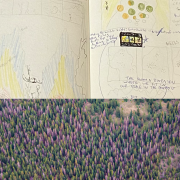 composite of a book with illustrations and an aerial view of landscape