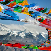 Tibetan prayer flags and snowy Himalayas