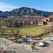 Drone photo of Ferrand Field with the Flatirons in the background