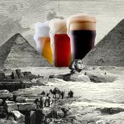 Glasses of beer superimposed on illustration of ancient lands and artifacts