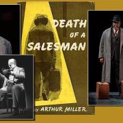 Death of a Salesman book cover and scenes from the movie and staged plays