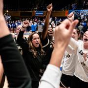 The CU women's basketball team celebrates their NCAA win to advance to the Sweet 16. (Tyler Davis)